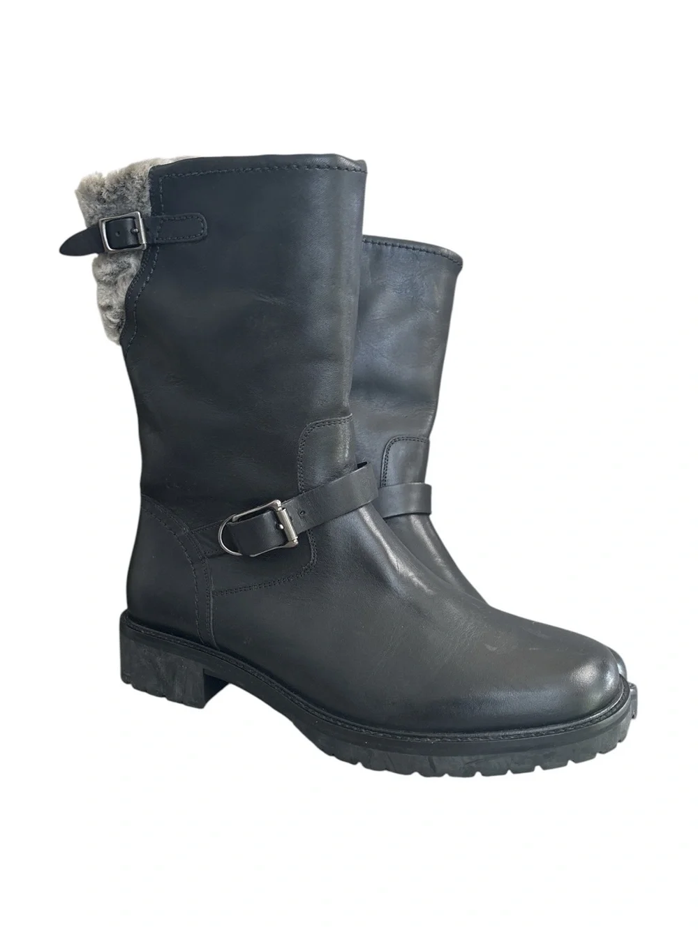 Cole Haan Waterproof Leather Shearling Moto Biker Boots Black Mid Calf WP 8B